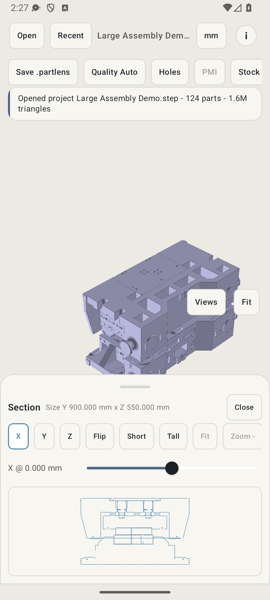 PartLens Android STEP viewer showing a loaded large assembly with section view controls