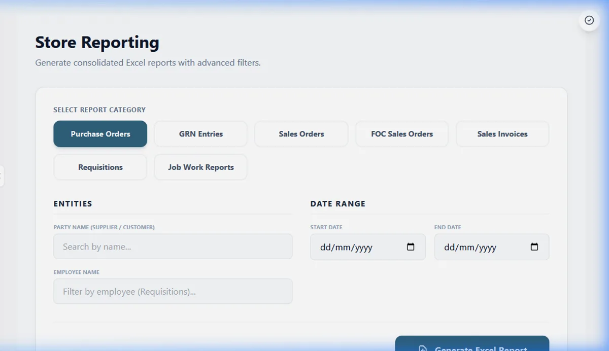 Stratos store reporting for purchase orders, GRNs and requisitions