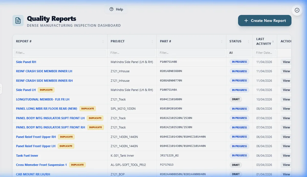Stratos quality reports inspection dashboard