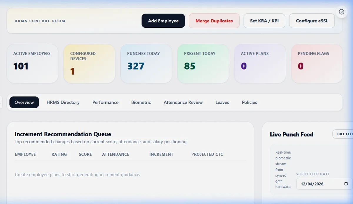 Stratos HRMS control room with attendance and biometric punch feed