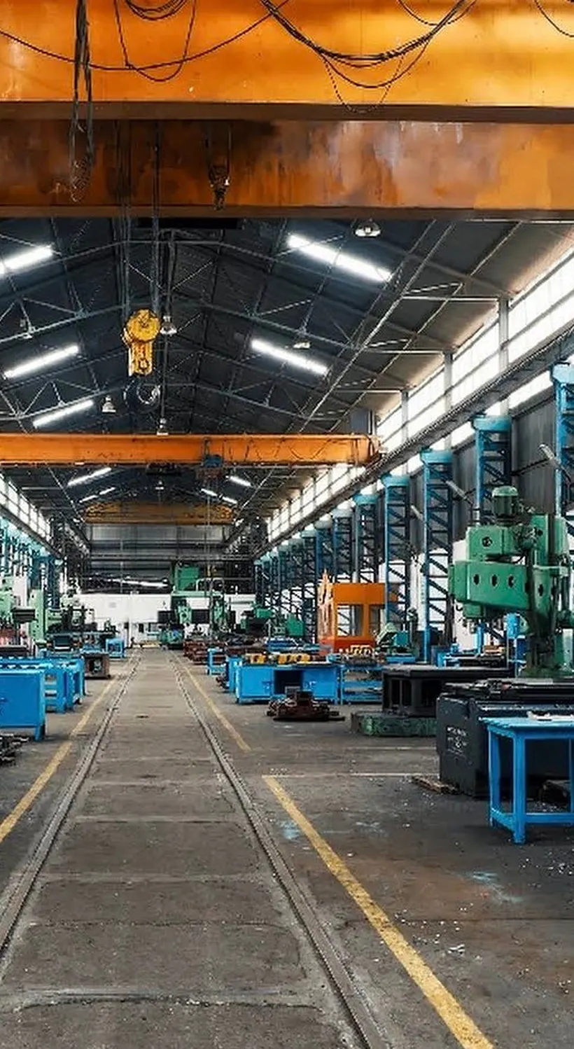The machining aisle at the Saptasati toolroom in Chikhali, Pune, under the overhead gantry crane